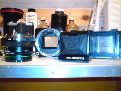 Bronica ETRS + 75mm f2.8 + waist level finder + 120 back + darkslide
